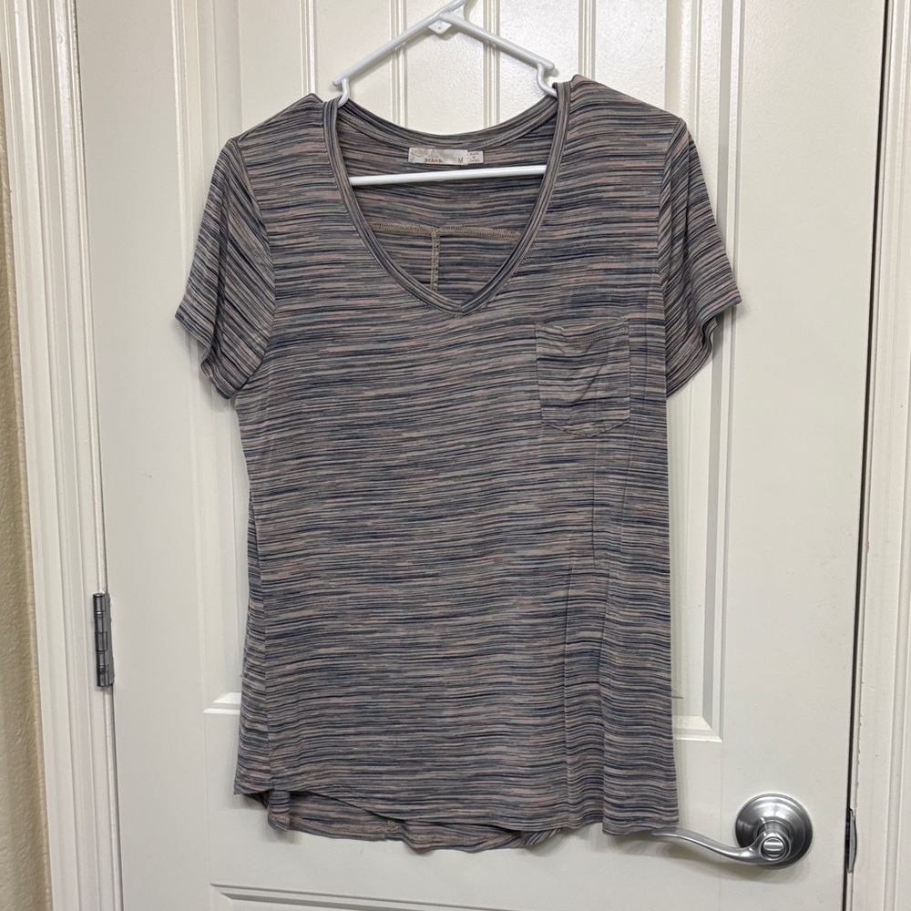 Prana Striped Short Sleeve V-Neck Tee in Gray and Blue